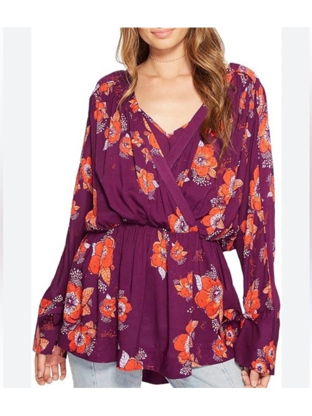 NWT Free People Tuscan Dreams Floral Tunic Faux Wrap Blouse